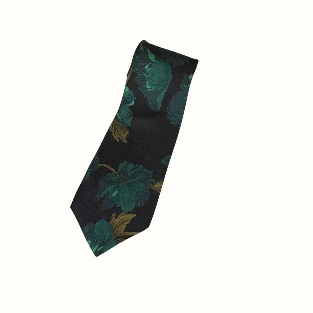 Steve Scheiner Mens Floral Tie Black Green Rayon Wool Blend Made in USA Wide